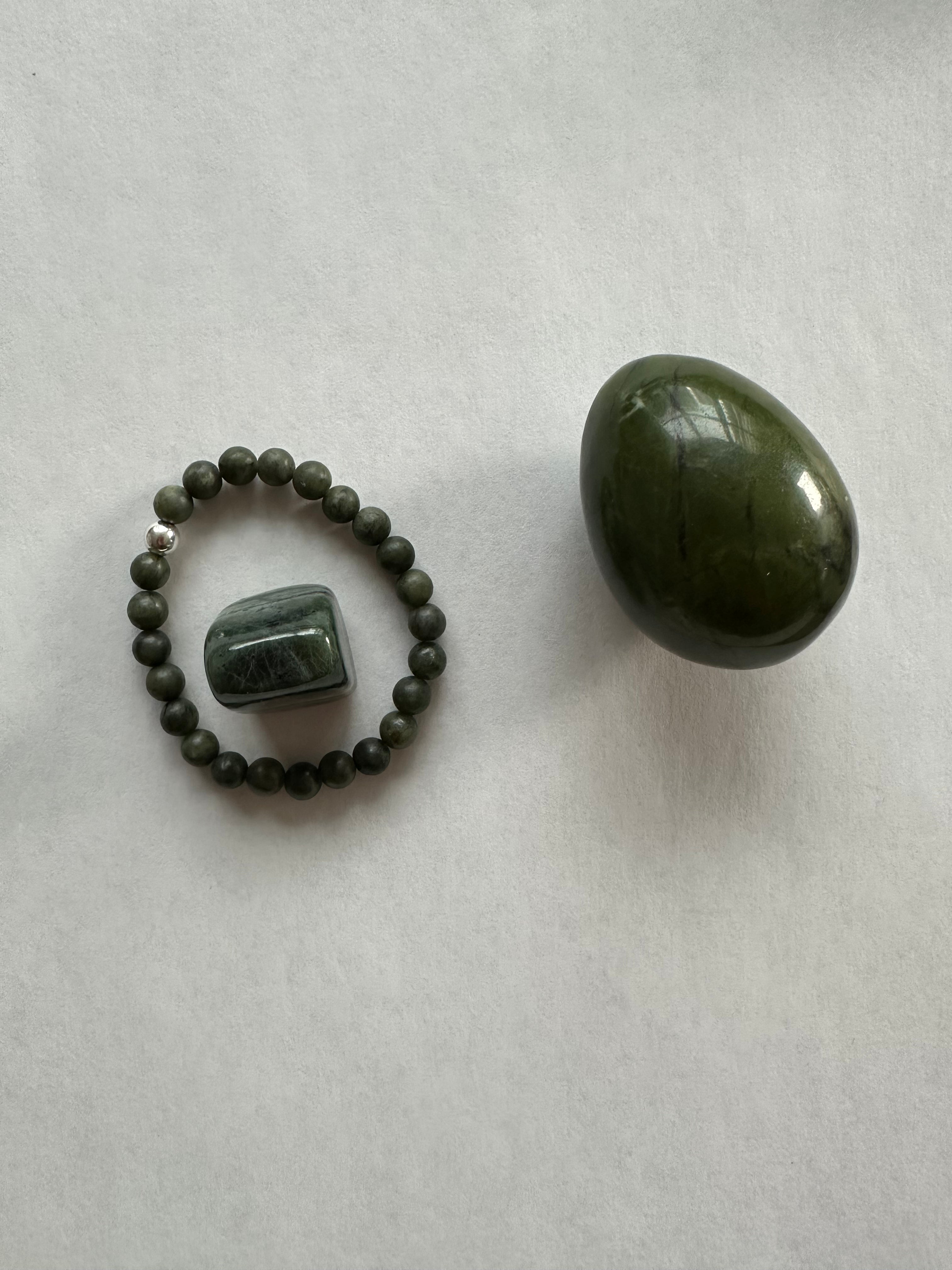 "Serenity" Green Jade Bracelet + Tumbled Green Jade + Green Jade Egg